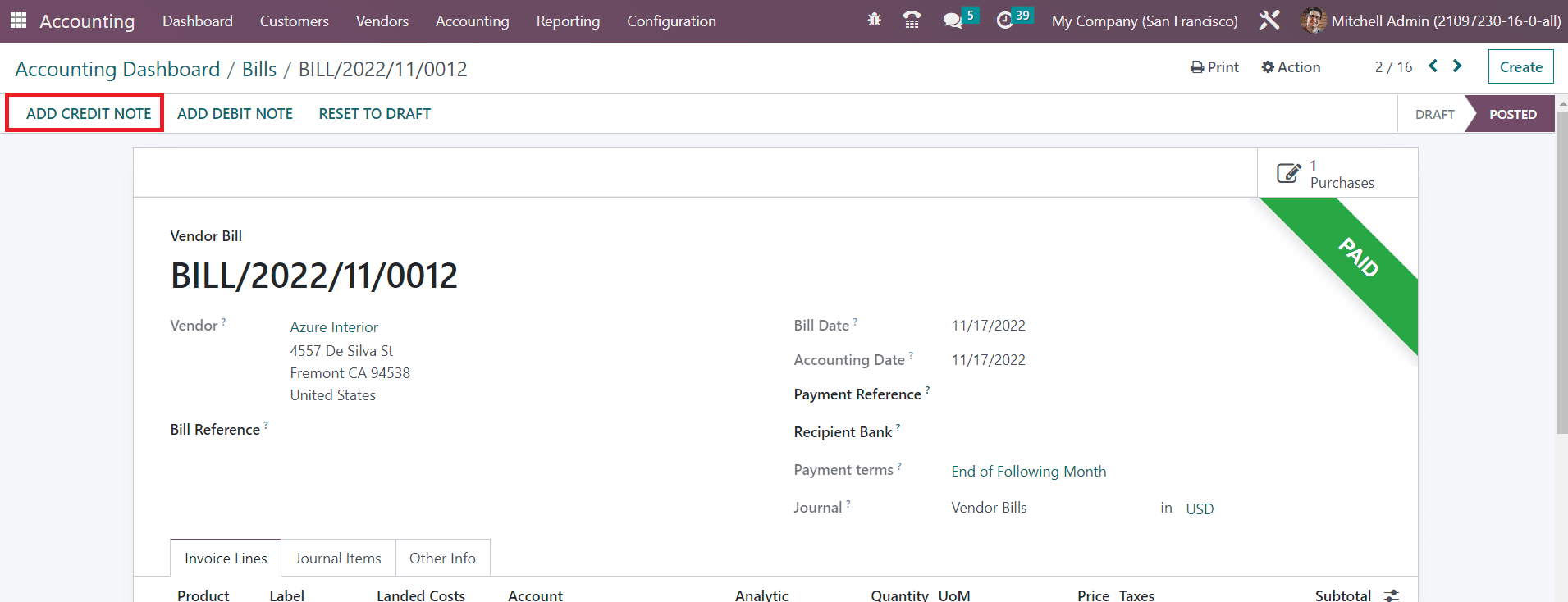 Odoo 16 accounting